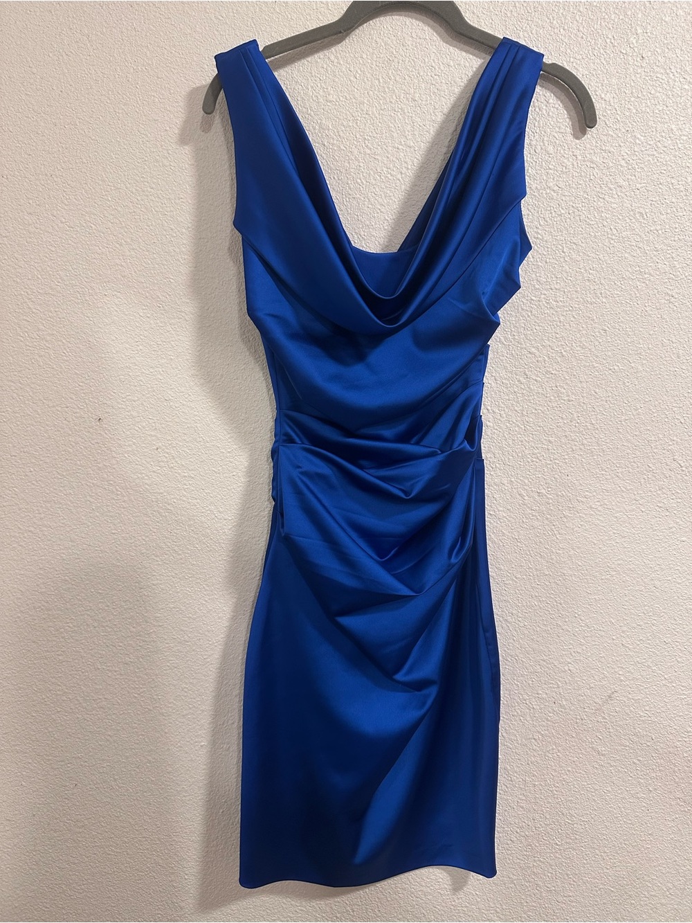 David's Bridal Royal Blue Cowl Neck Satin Mini Dress